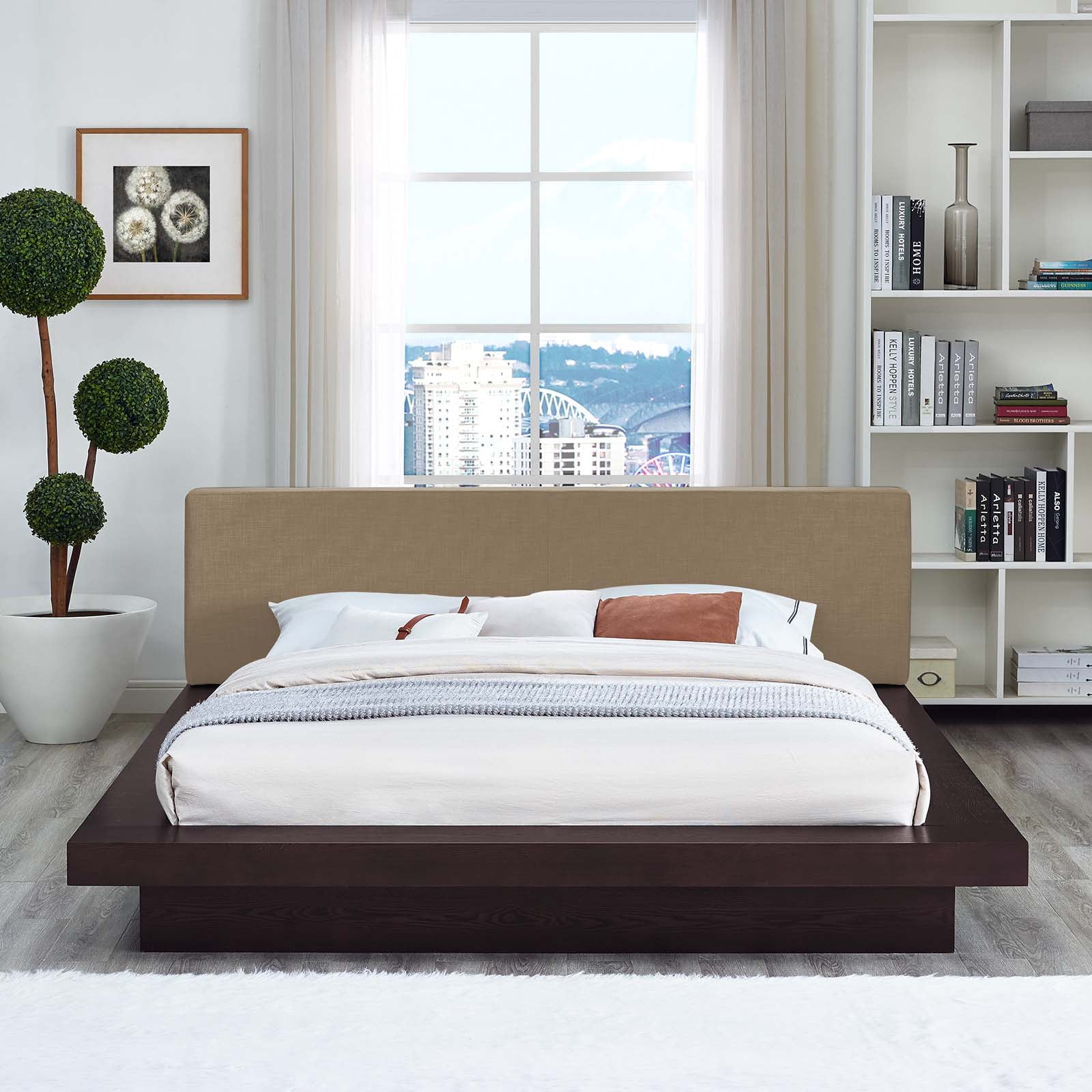 Freja Cappuccino Latte Queen Upholstered Wood Platform Bed