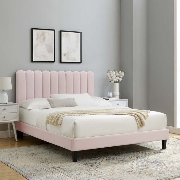 Modway Furniture Full Bed, Soft Pink Vertically Tufted Headboard, Wood Legs