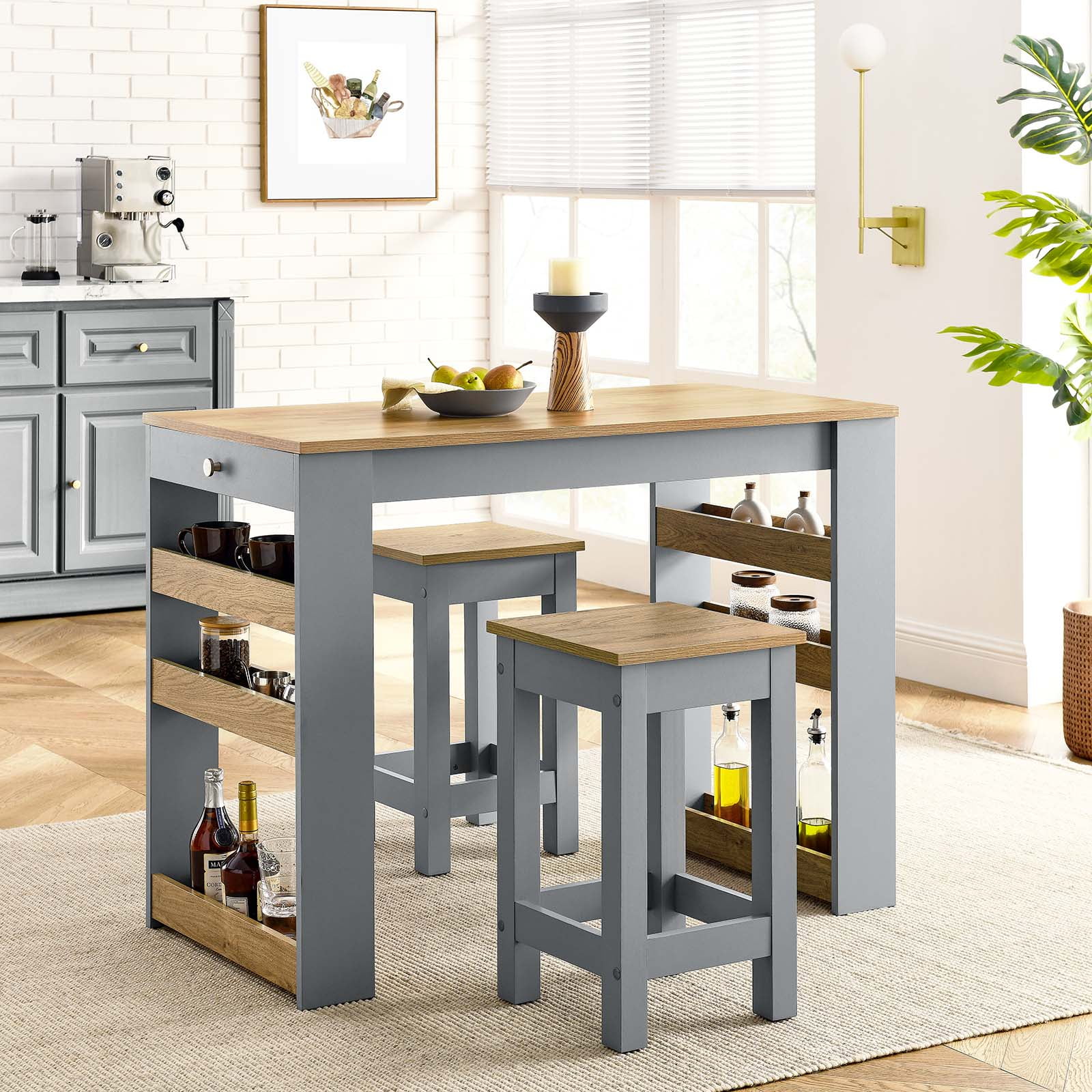 Oak Gray 3-Piece Kitchen Island Set with Stools