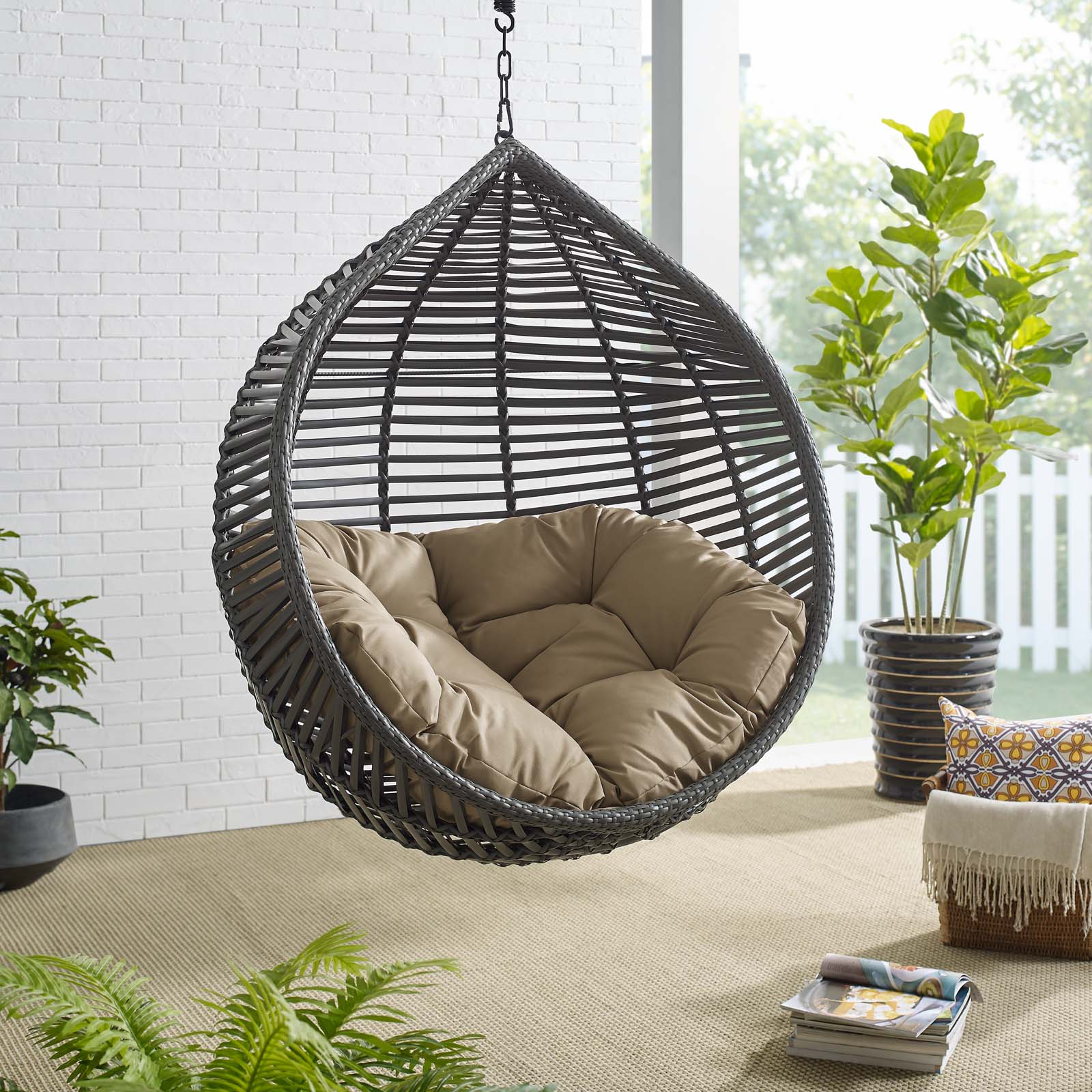 Modway Garner Teardrop Outdoor Patio Swing Chair without Stand in Gray Mocha