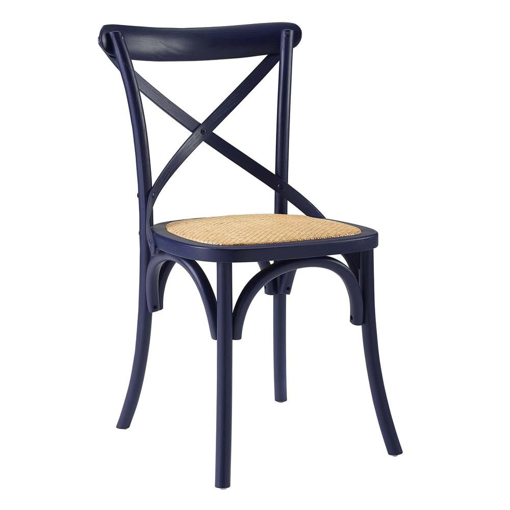 Midnight Blue Rustic Farmhouse Elm Wood Side Chair with Rattan Seat