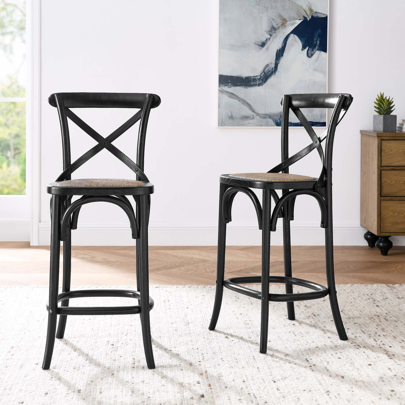 Black Elm Wood Counter Stool with Woven Rattan Seat