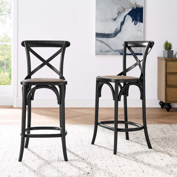 Modway Gear 39.5" Rattan and Elm Wood Counter Stool in Black Finish