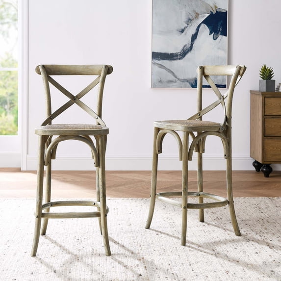 Modway Gear 39.5" Rattan and Elm Wood Counter Stool in Gray Finish