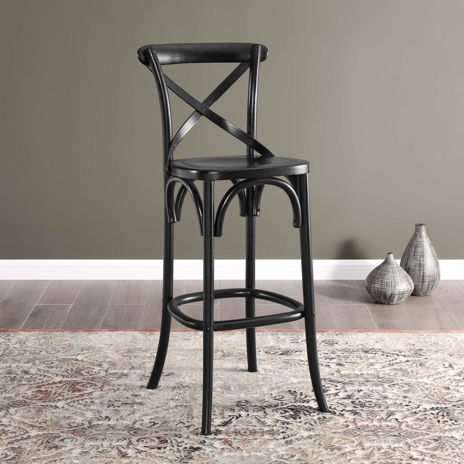 Modern Farmhouse Elm Wood Bar Stool with X-Brace Back in Black