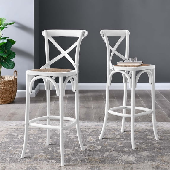 Modway Gear 43.5" Modern Style Rattan and Elm Wood Bar Stool in White Finish