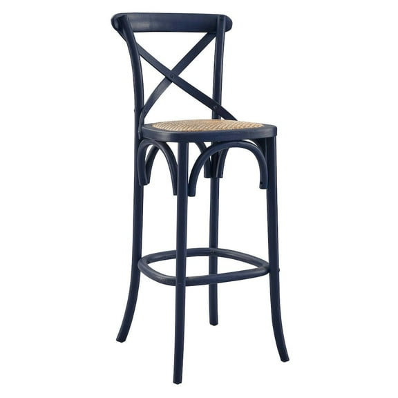 Modway Gear 43.5" Rattan and Elm Wood Bar Stool in Midnight Blue Finish