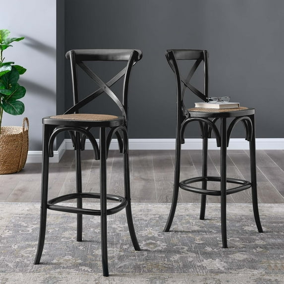 Modway Gear 43.5" Modern Style Rattan and Elm Wood Bar Stool in Black Finish