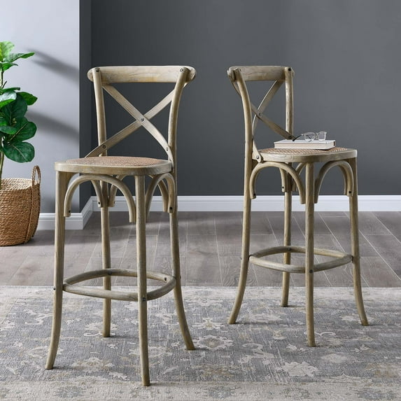Modway Gear 43.5" Modern Style Rattan and Elm Wood Bar Stool in Gray Finish