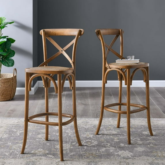 Modway Gear 43.5" Modern Style Rattan and Elm Wood Bar Stool in Walnut Finish