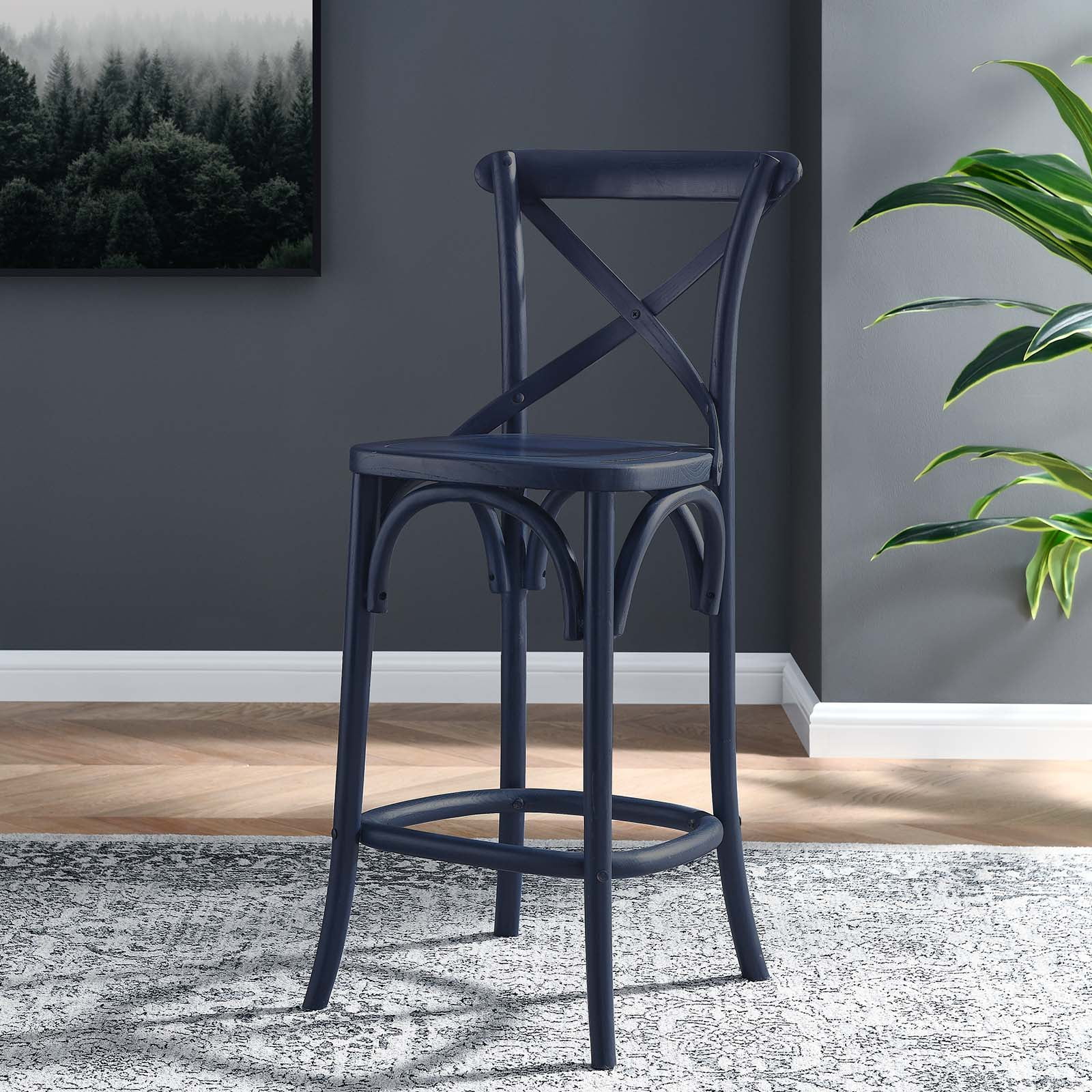 Midnight Blue Elm Wood X-Brace Counter Stool