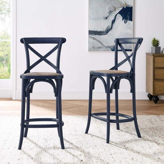 Modway Gear 39.5" Rattan and Elm Wood Counter Stool in Midnight Blue Finish