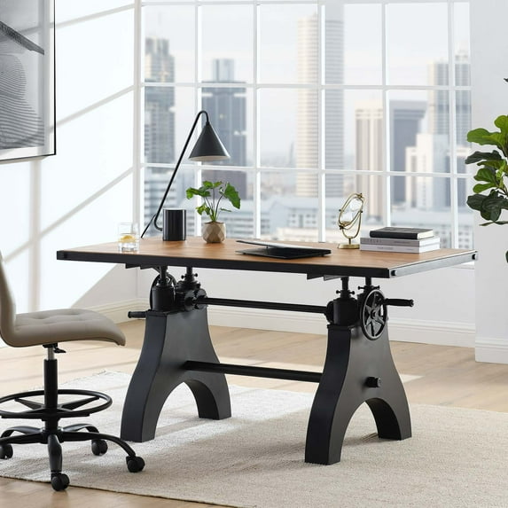 Modway Genuine 60" Crank Adjustable Height Dining Table and Computer Desk in Black Natural