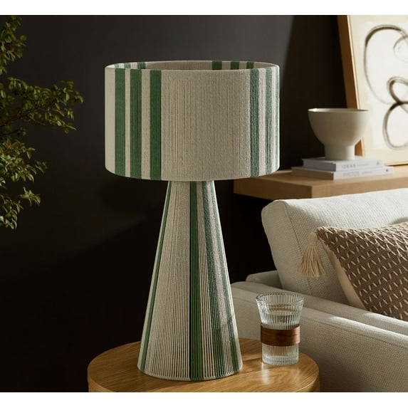 Gia Handwoven Cotton Thread Striped or Plain Table Lamp in Basil Green