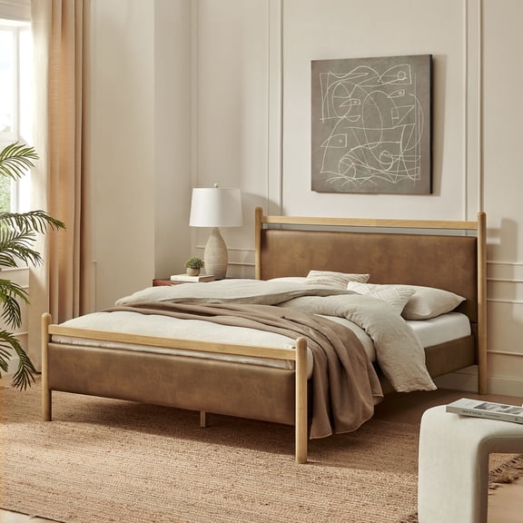 Ginny Full Size Vegan Leather Platform Bed Frame in Light Oak Canyon