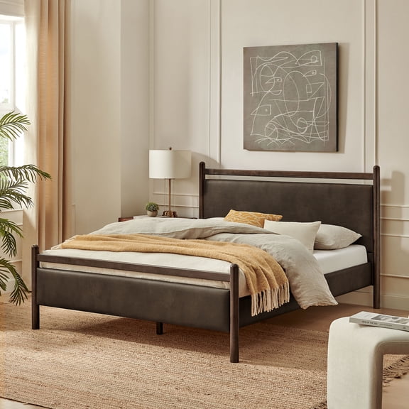 Ginny Full Size Vegan Leather Platform Bed Frame in Wenge Mushroom