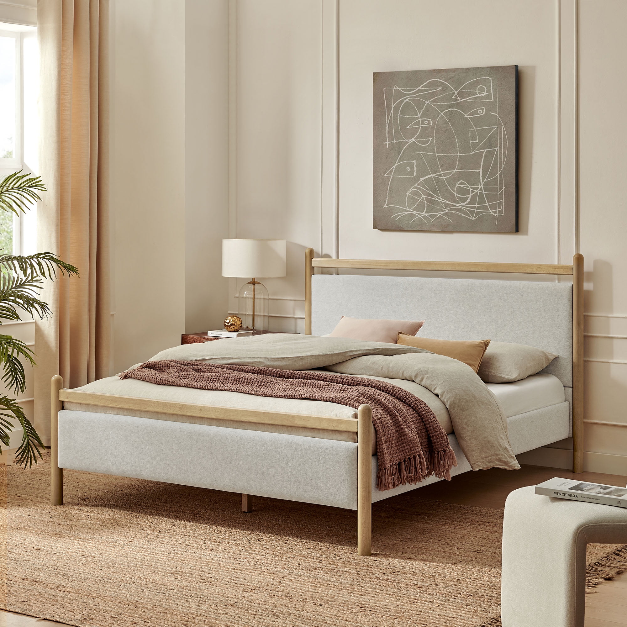 Ginny Queen Size Platform Bed Frame in Light Oak Heathered Ivory