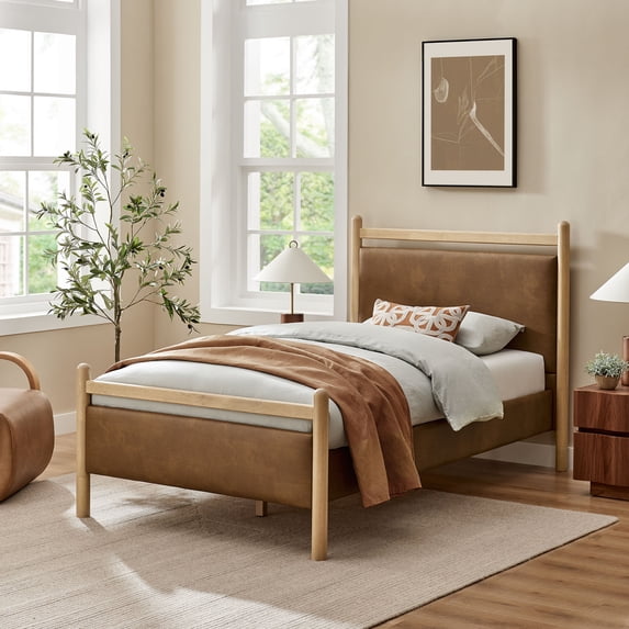 Ginny Twin Size Vegan Leather Platform Bed Frame in Light Oak Canyon