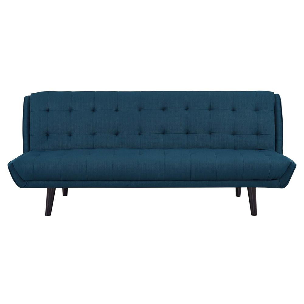 Mid-Century Modern Black Wood and Azure Fabric Tufted Sleeper Sofa