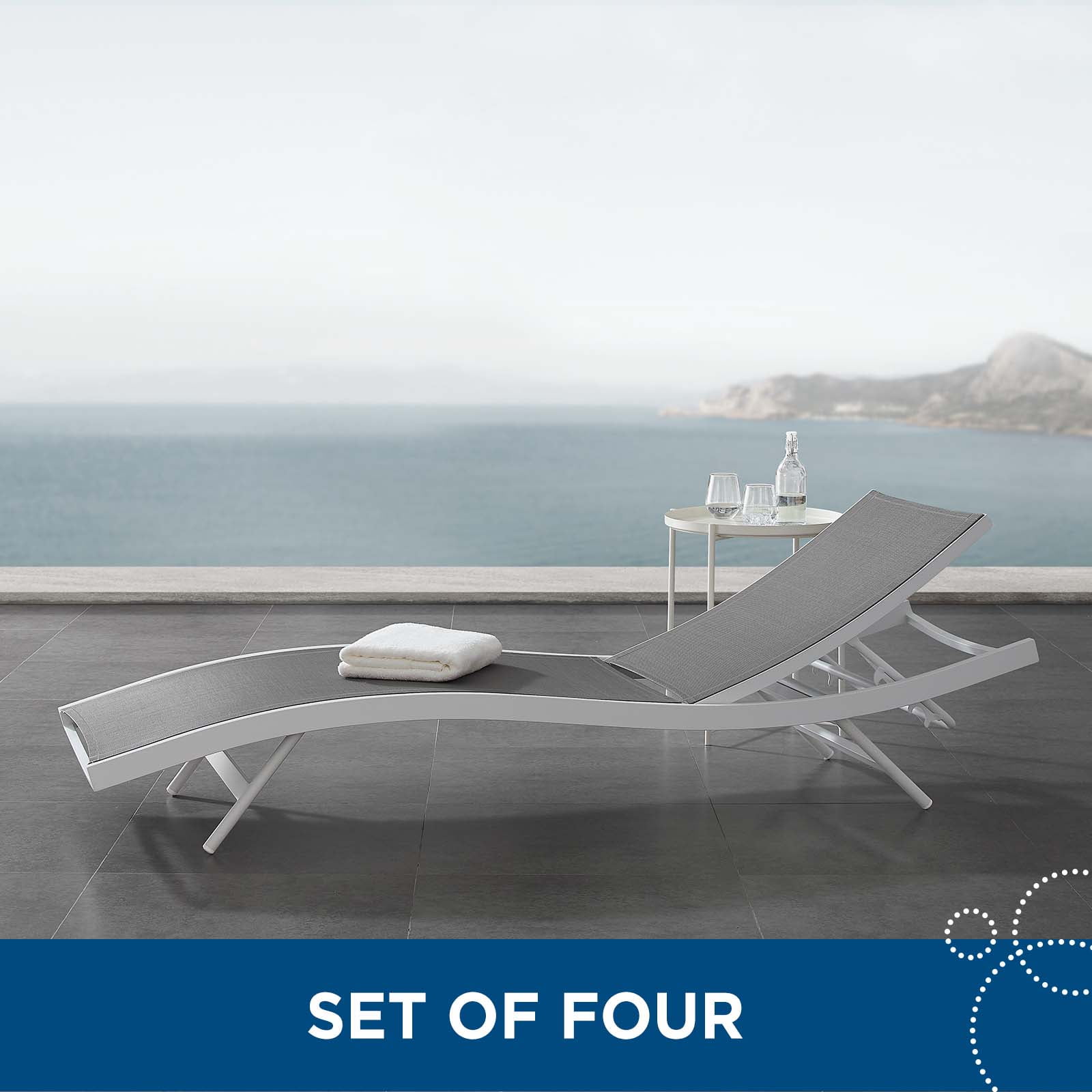 Gray and White Aluminum Mesh Outdoor Chaise Lounge Set