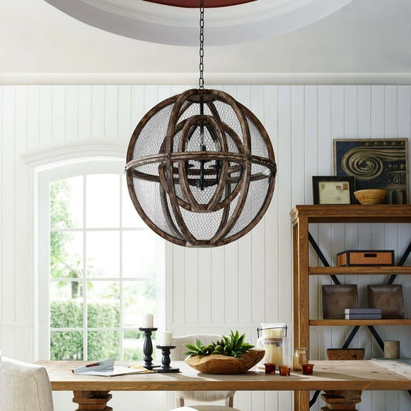 Modway Gravitate Globe Rustic Oak Wood Pendant Light Chandelier