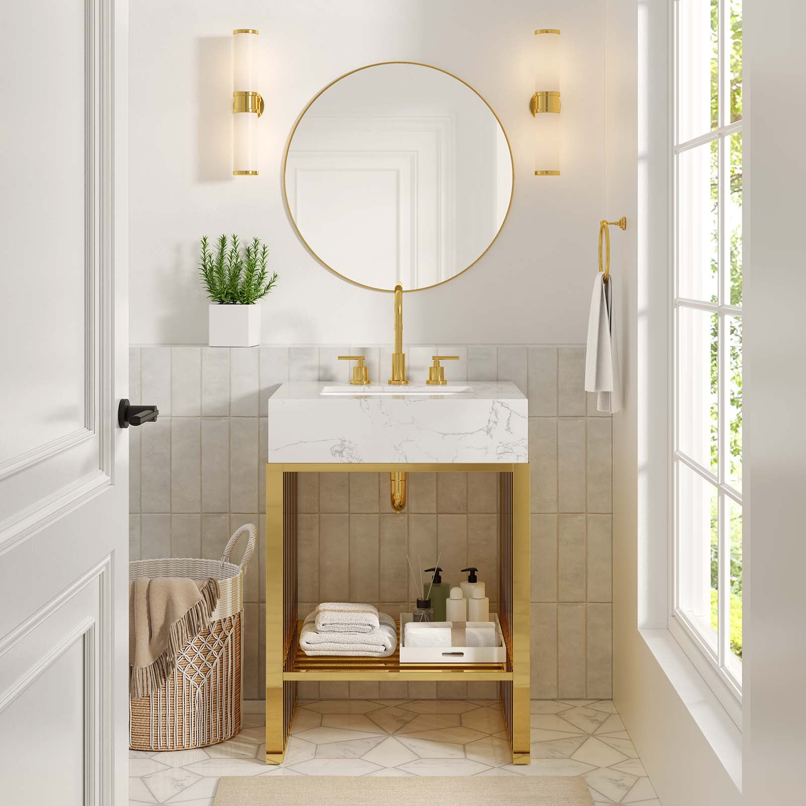 Modern Gridiron 24" Gold Stainless Steel Bathroom Vanity