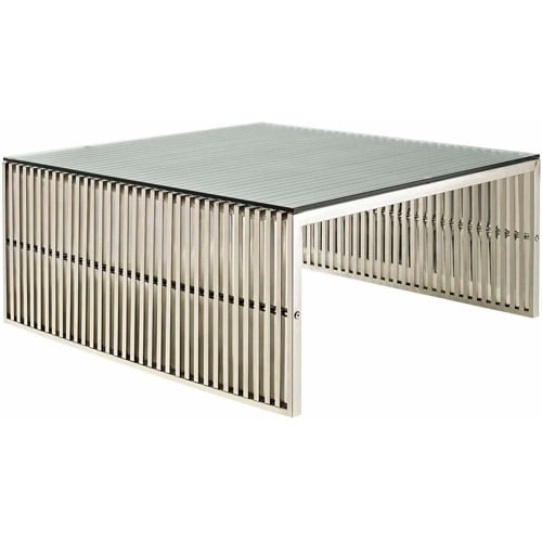 Gridiron 39.5" Square Stainless Steel and Glass Outdoor Coffee Table