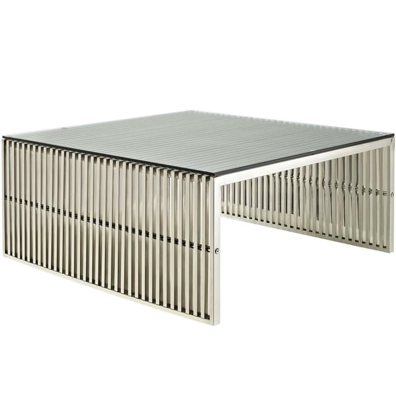 Modway Gridiron 39.5" Square Glass Top Coffee Table in Silver