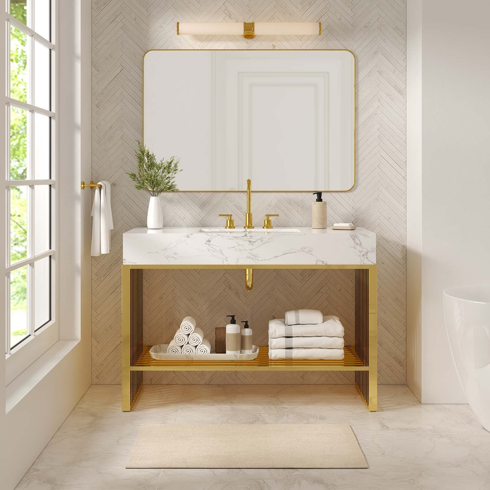 Gridiron 48'' White Gold Modern Bathroom Vanity with Marble Top