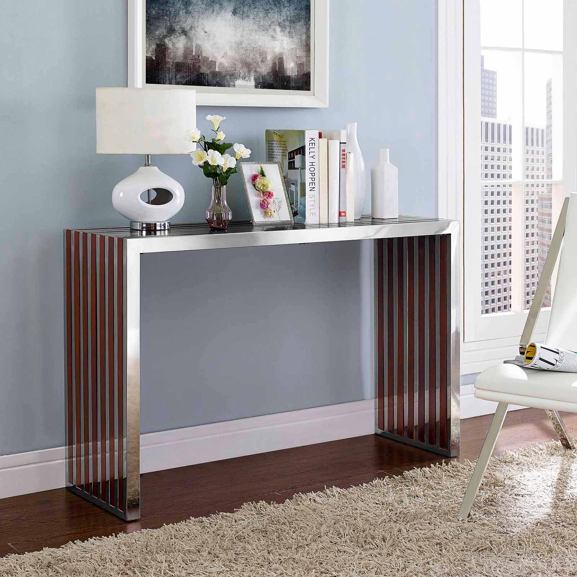 Walnut and Stainless Steel Modern Console Table
