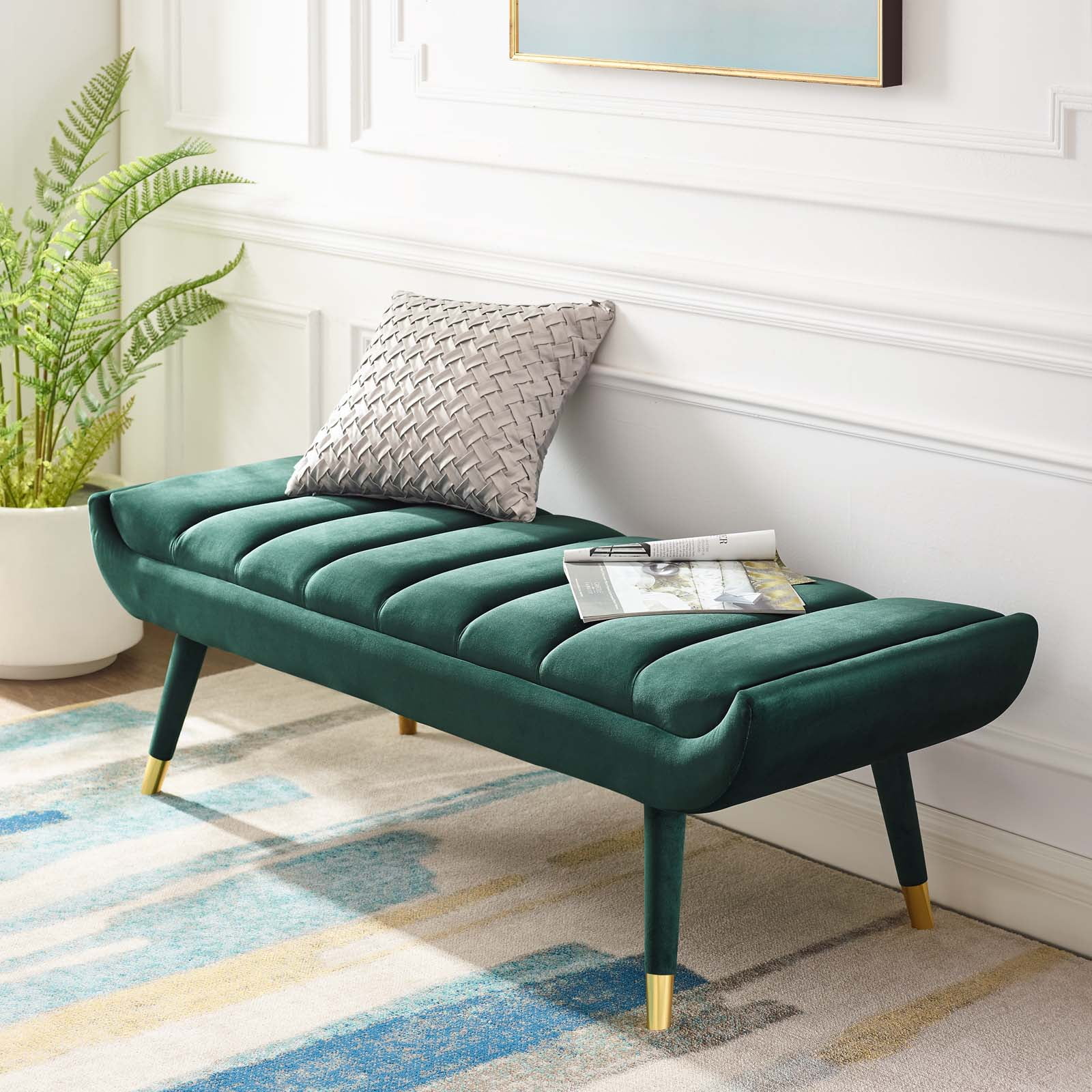 Elegant Green Velvet 53.5" Accent Bench with Gold Metal Accents