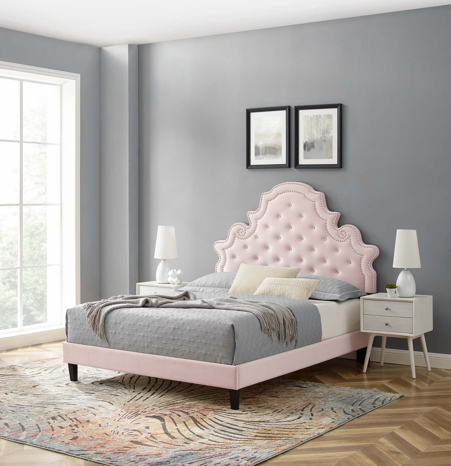 Modway Gwyneth Tufted Performance Velvet Full Platform Bed in Pink