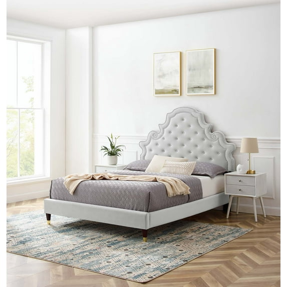 Modway Gwyneth Tufted Performance Velvet King Platform Bed in Light Gray