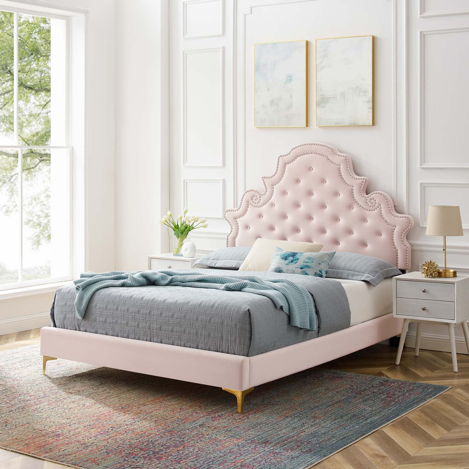 Upholstered bed pink discount