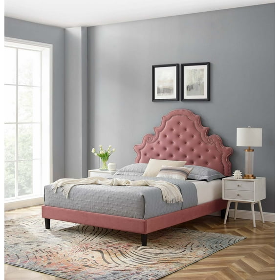 Modway Gwyneth Tufted Performance Velvet Queen Platform Bed in Dusty Rose