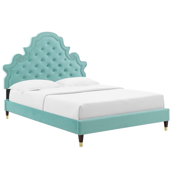 Modway Gwyneth Tufted Performance Velvet Queen Platform Bed in Mint