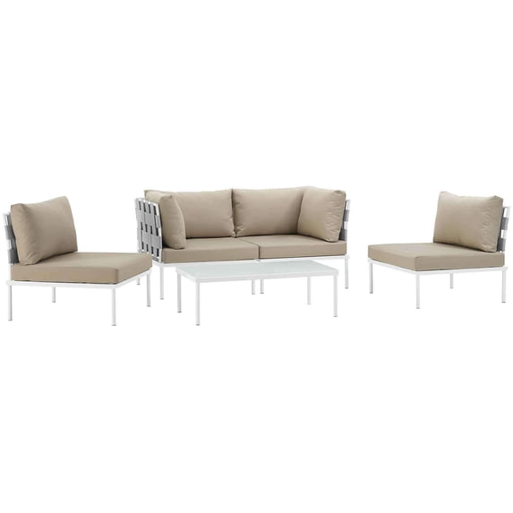 Modway Harmony 5 Piece Outdoor Patio Aluminum Sectional Sofa Set in White Beige