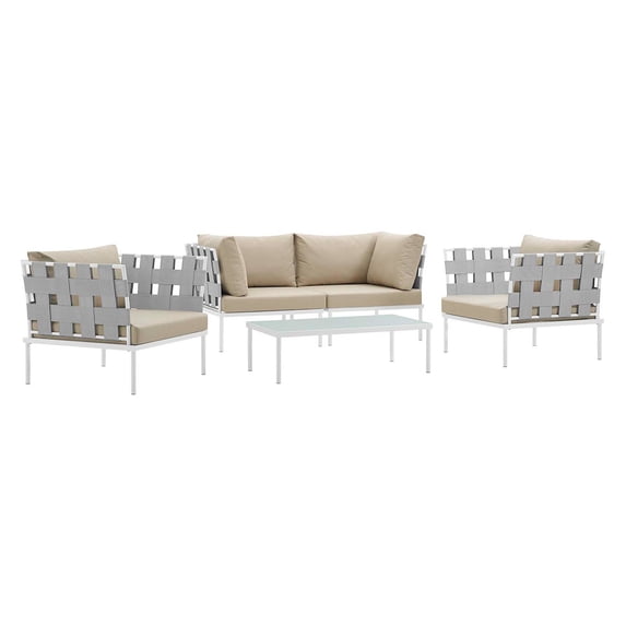 Modway Harmony 5 Piece Outdoor Patio Aluminum Sectional Sofa Set in White Beige