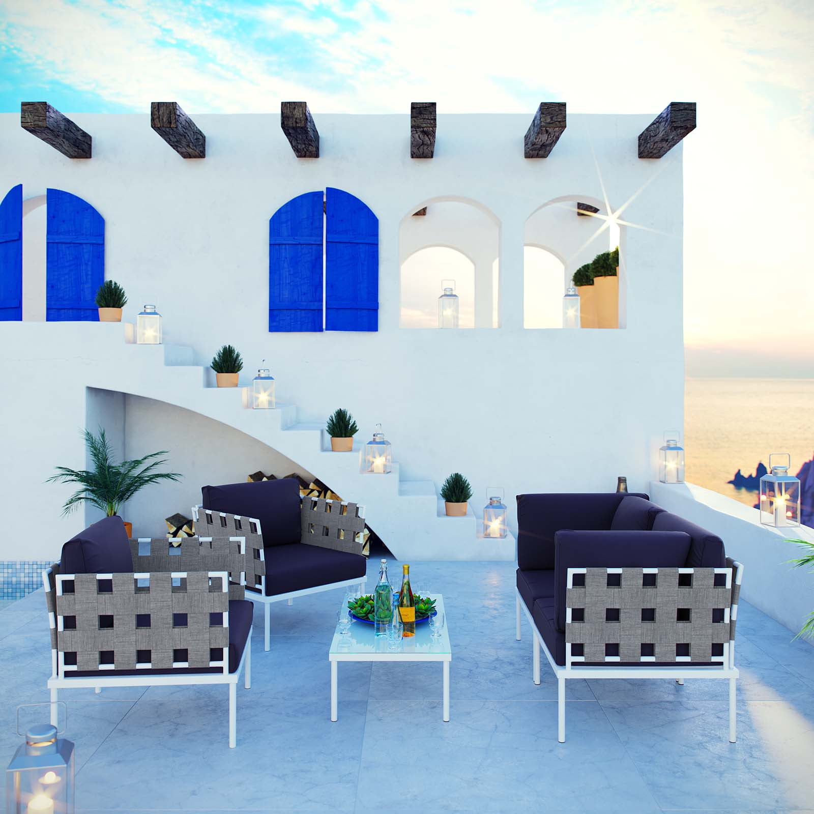 Harmony 5-Piece White Navy Aluminum Outdoor Sectional Sofa Set