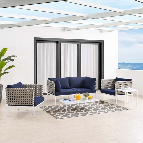 Modway Harmony 5-Piece Sunbrella® Basket Weave Outdoor Patio Aluminum Seating Set in Tan Navy