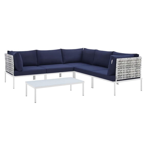 Modway Harmony 6-Piece Fabric Basket Weave Patio Sofa Set in Taupe/Navy