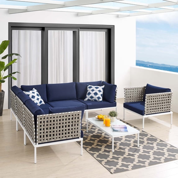 Modway Harmony 7-Piece Sunbrella® Basket Weave Outdoor Patio Aluminum Sectional Sofa Set in Tan Navy