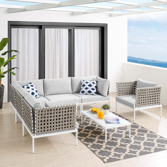 Modway Harmony 7-Piece Sunbrella? Basket Weave Outdoor Patio Aluminum Sectional Sofa Set in Tan Gray