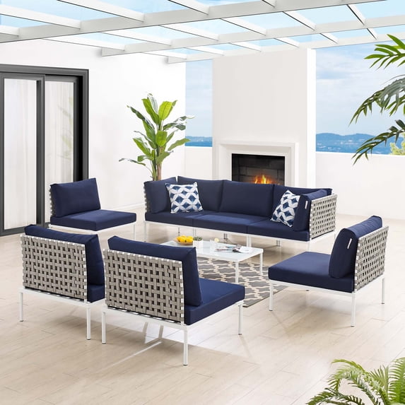 Modway Harmony 8-Piece Sunbrella® Basket Weave Outdoor Patio Aluminum Sectional Sofa Set in Tan Navy
