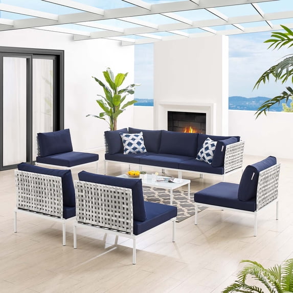 Modway Harmony 8-Piece Sunbrella® Basket Weave Outdoor Patio Aluminum Sectional Sofa Set in Taupe Navy