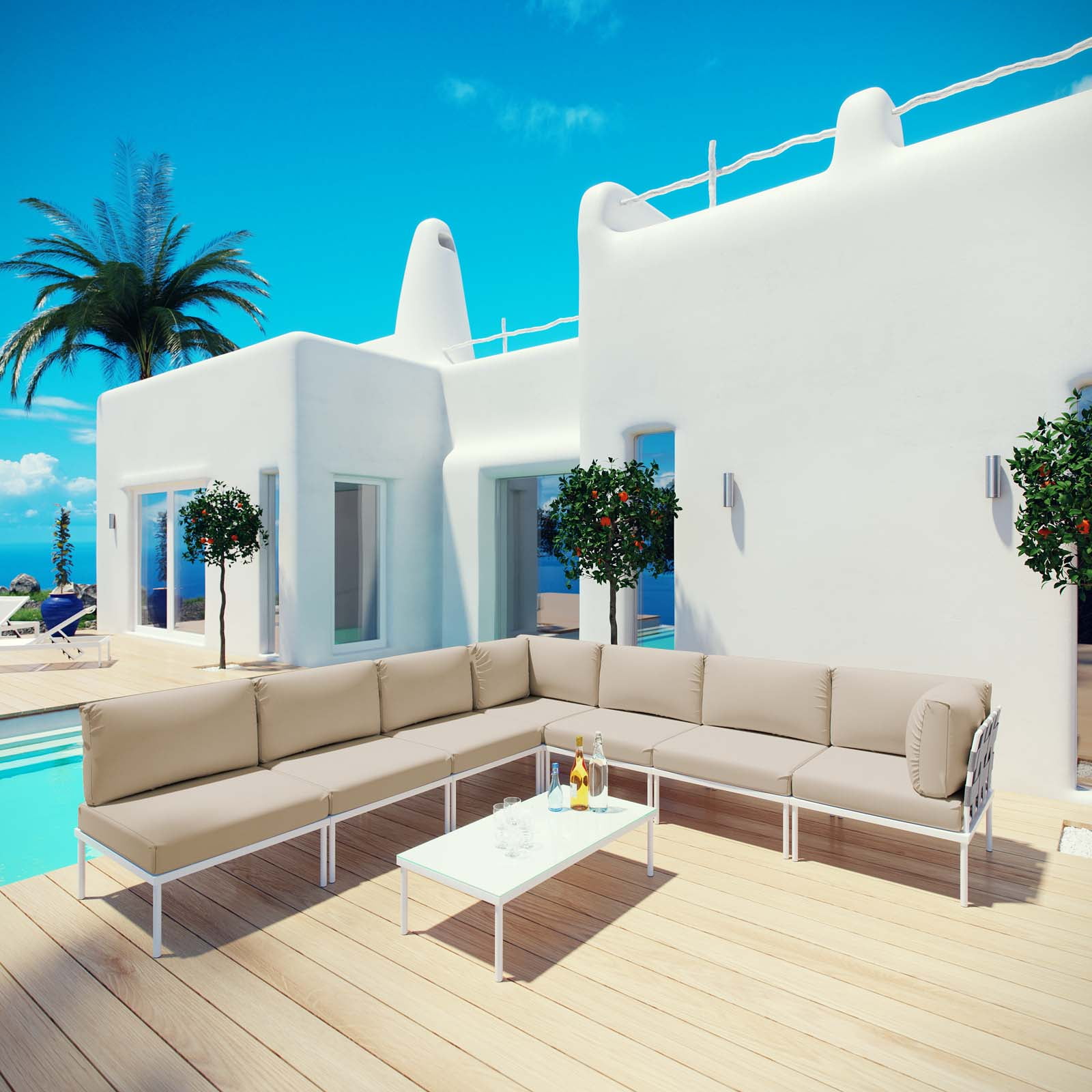 Modway Harmony 8 Piece Outdoor Patio Aluminum Sectional Sofa Set in White Beige