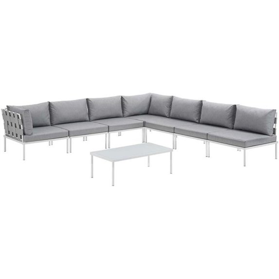 Modway Harmony 8-Piece Outdoor Patio Aluminum Sectional Sofa Set in White/Gray