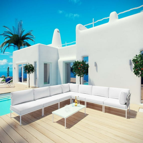 Modway Harmony 8 Piece Outdoor Patio Aluminum Sectional Sofa Set in White White