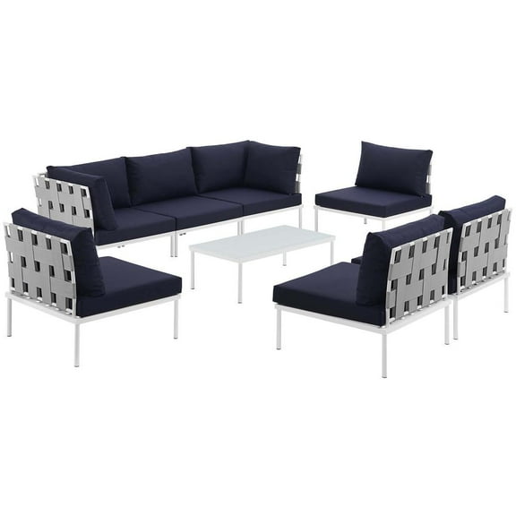 Modway Harmony 8 Piece Outdoor Patio Aluminum Sectional Sofa Set in White Navy