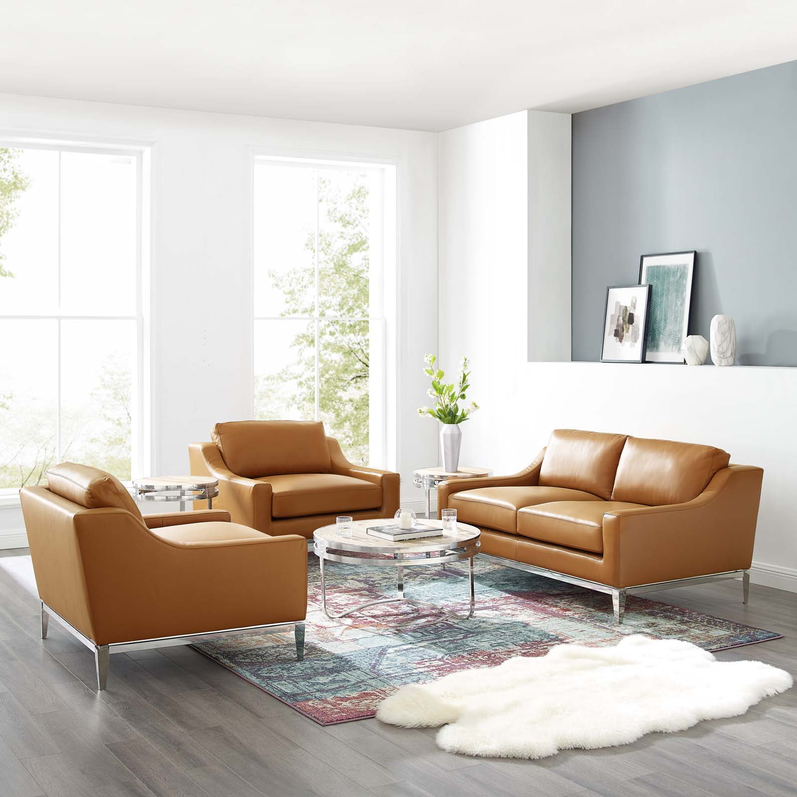 Tan Leather 3-Piece Loveseat and Armchair Set with Stainless Steel Base
